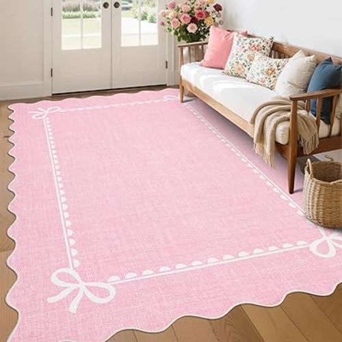 GarveeHome Scalloped Bow Rug for Living Room, Solid Pink Rug for Dorm, Washable Rugs 6x9 Soft Low Pile Non Slip Scalloped Rugs for Nursery College Bedroom Decor Kids Room Playroom