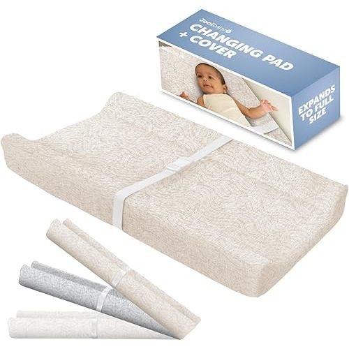 Jool Baby Changing Pad - Contoured, Waterproof & Non-Slip, Includes a Cozy, Breathable, & Washable Cover (Oatmilk/Wave)