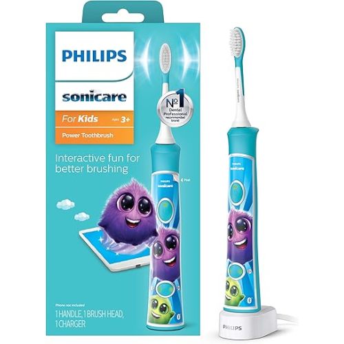 Philips Sonicare for Kids 3+ Bluetooth Connected Rechargeable Electric Power Toothbrush, Interactive for Better Brushing, Turquoise, HX6321/02