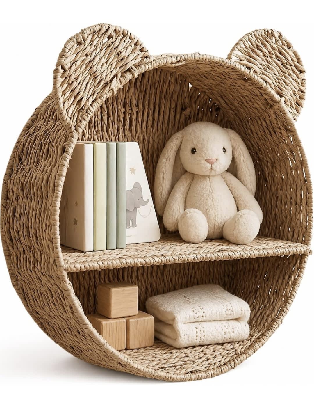 Woven Wall Basket Shelf Bear Nursery Decor — Boho Handwoven Hanging Wall Decor for Kids Room, Paper Rope Stuffed Animal Organizer, Baby Nursery Floating Shelf