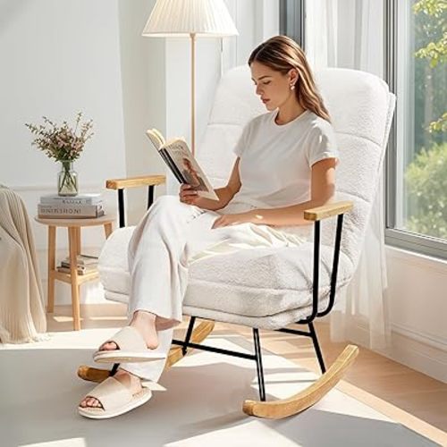 VECELO Rocking Chair Nursery, Upholstered Teddy Fabric Large Size Modern Glider Rocker with High Backrest for Living Room & Bedroom, Beige