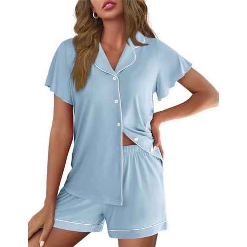 Ekouaer Pajamas for Women Set Button Up Pjs Short Sleeve Ruffle Sleepwear Notch Collar Bride Soft Pj Lounge Sets S-XXL
