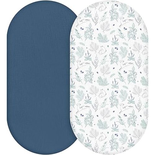 Muslin Bassinet Fitted Sheets 2 Pack, Soft Breathable Cotton Baby Bassinet Mattress Sheet Set, 360° Elastic Snug Fit, Universal for Oval, Rectangle & Hourglass Cradle, Unisex Baby Bedding (Blue Deer)