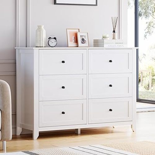 White Dresser for Bedroom, 6 Chest of Drawer Dresser for 48 inch TV, Modern Wood Organizer TV Stand for Living Room, Closet Storage, Entryway, Hallway
