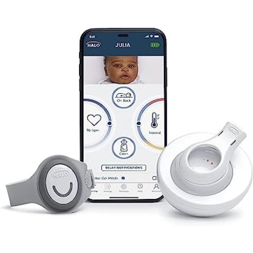 HALO SleepSure Smart Baby Monitor - Live Heart Rate View, Rollover, Skin Temperature, and Motion Notifications with On-The-Go Monitoring, Historic Sleep Data, Customizable Settings – Gray