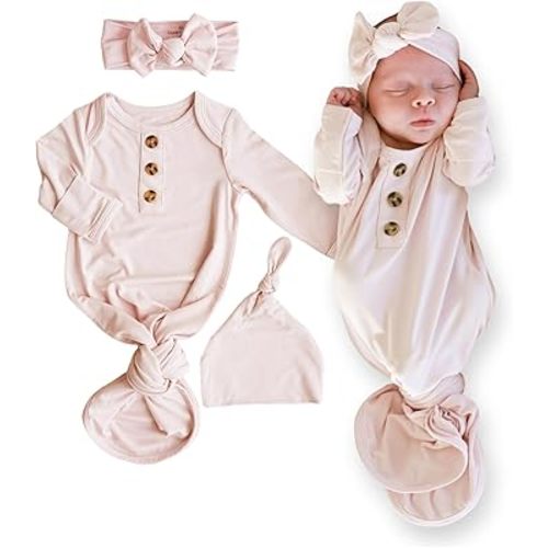 Caden Lane Newborn Knotted Gown with Hat & Bow Headwrap, Soft & Breathable Baby Sleep Sack & Stretchy Hairband, Ideal Infant Gift for Baby Shower, Pale Pink