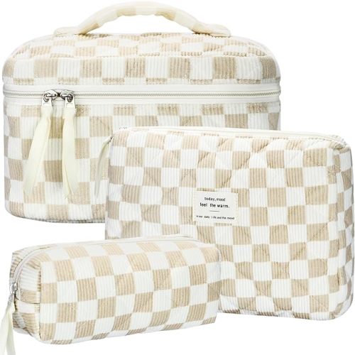 Storage for Diaper Bag - BuyCard Quilted Makeup Bag Set, 3Pcs Large Checkered Corduroy Cosmetic Bags, CuteFloral Cotton Coquette Makeup Bag Toiletry Zipper Pouch Bag for Women and Girls