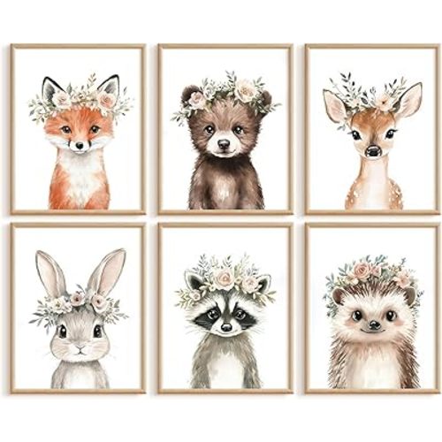 Woodland Animal Nursery Wall Art Decor Baby Girl Room Pictures Floral Crown Animal Canvas Wall Art Decor Safari Bear Fox Poster Floral Nursery Prints Artwork for Kids Bedroom 8x10x6 Inch Unframed