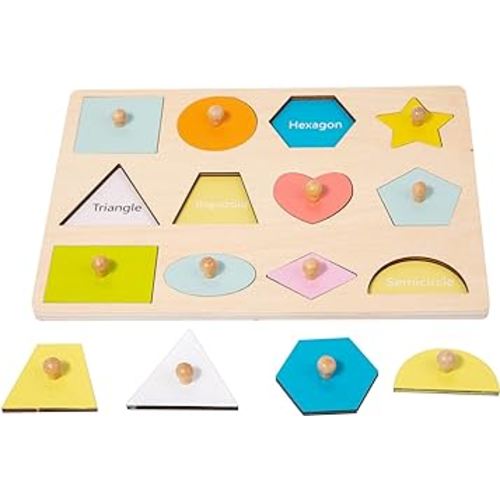 Adena Montessori Wooden Shape Peg 12 Piece of Colorful Shape Cognition Knob Puzzles Baby & Toddler Development Toy