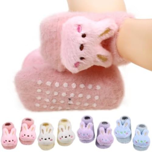 4 Pairs Baby Girl Fuzzy Socks with Non-Slip Grips,Cute Rabbit Thick Winter Warm Cotton Low Cut Ankle Socks Newborn