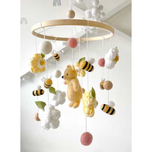 Winnie the Pooh Inspired Baby Mobile | Handmade Felt Crib Mobile with Bees, Flowers & Bear | Gender Neutral Nursery Decor | Baby Shower Gift