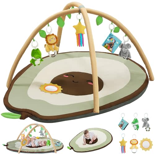 CoziBB Baby Play Gym Mat & Activity Mat, Baby Tummy Time Mat, Large Avocado Shaped Playmat with 6 Detachable Toys for Motor Skills & Sensory Development, Washable Infant Baby Essentials, Olive Green