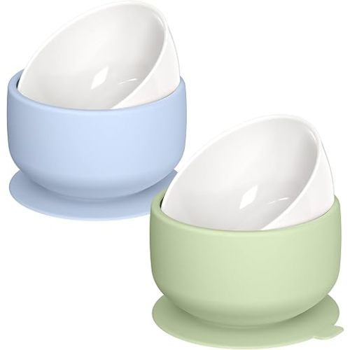 KingKam Kids Porcelain Bowls with Silicone Suction Sleeve | Toddlers Baby Feeding | Microwave & Dishwasher Safe | Non slip Feeding Bowls for Cereal, Soup, Snacks | 2-Pack - Blue/Green