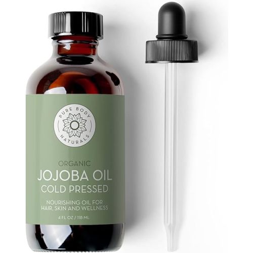 Pure Body Naturals Organic Jojoba Oil, 4 Fl Oz - 100% Pure, Organic, Cold Pressed Jojoba Oil for Skin, Face, Nails and Hair Growth - Carrier Oil for Mixing Essential Oils