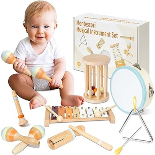 Baby Musical Instruments, Montessori Wooden Toys for Toddlers, Premium Wooden Musical Instrument Set for Kids Preschool Educational, Fun Musical Instruments for Children