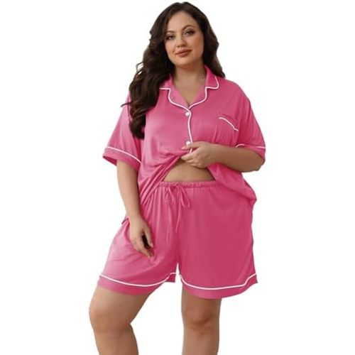 Women Plus Size Pajamas Button Down Short Sleeve Top & Shorts Lounge Sets Outfit Summer Soft Pj Bride Sleepwear