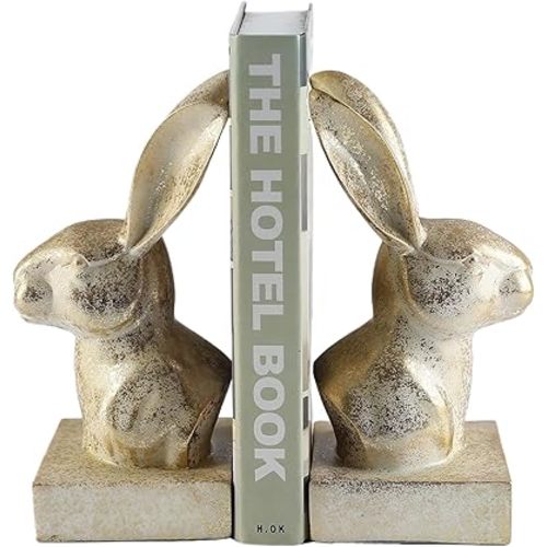 Rabbit Decor Bookends,1 Pair Cute Bunny Book Ends, Decorative Bookends for Heavy Books, Vintage Shelf Decor,Antique Gold