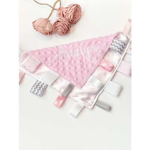 Satin and minky sensory Blanket lovey with ribbon tags, personalized comfort toy, baby shower gift for boy or girl size 12" pink blue bronze