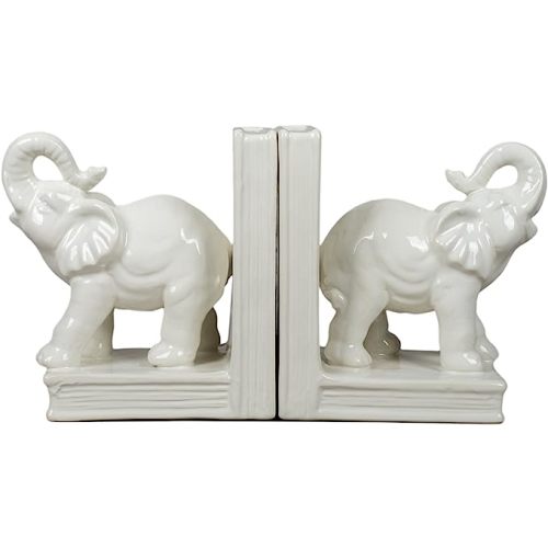 White Glazed Ceramic Elephants Bookend Set - Elephant White