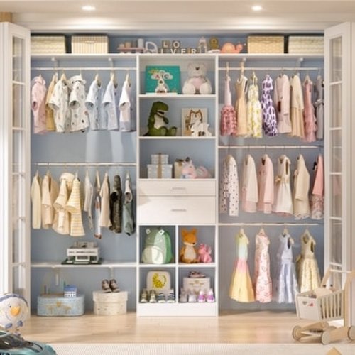 Closet System with Wooden Drawers & Cube Storage Organizer, 4.75-8FT Clothes Organizer Nursery & Walk-In Closets