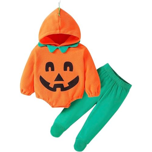 WOLBAY 2Pcs Newborn Infant Baby Boy Girl Fleece Halloween Pumpkin Costumes Hoodie Romper Onesie Cotton Pants Outfit