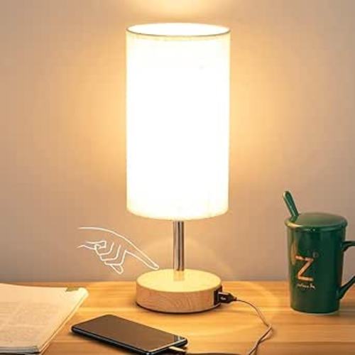 Yarra-Decor Bedside Table Lamp with USB Port - Touch Control for Bedroom Wood 3 Way Dimmable Nightstand Lamp with Round Flaxen Fabric Shade for Living Room, Dorm, Home Office (LED Bulb Included) - Amazon.com