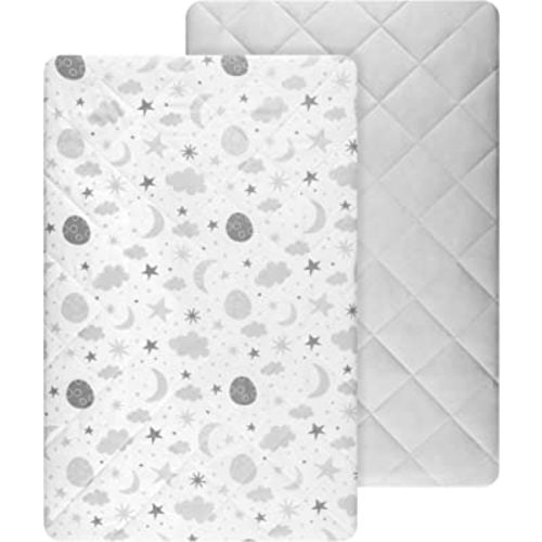 TILLYOU 2 Pack Waterproof Pack N Play Sheets Fitted Quilted, Breathable Soft Thick Play Yard Playpen Sheets, 39"x27"x5" Fits Mini/Portable Crib Mattress Pad,Starry Sky Print & Light Grey