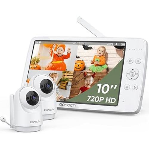 bonoch MegaView Baby Monitor, 10" Video Baby Monitor with 2 Cameras, 10000mAh Battery, Quad Split Screen Baby Monitor with Camera and Audio, VOX Mode, Auto Night Vision, Remote PTZ, Hack Proof