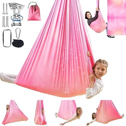 Sensory Swing for Kids Indoor & Outdoor Double Layer Therapy Cuddle Hammock Chair with 360° Swivel Hanger Kit Adjustable Child and Adult Aspergers Autism ADHD (Pink) (WUBOTIYU010)