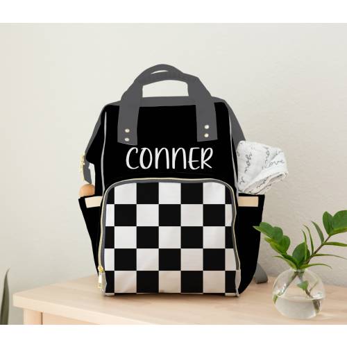Boy Diaper Bag, Baby Personalized Backpack Diaper Bag, Black and White Checkered Diaper Bag with Baby's Name, Custom Baby Gift