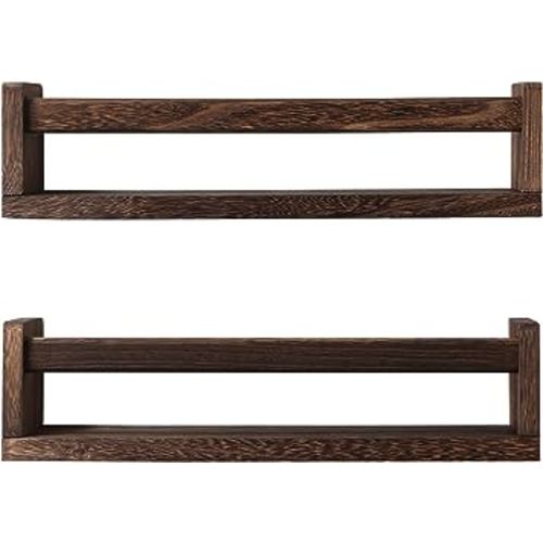 Nursery Book Shelves, Set of 2 Wood Floating Book Shelves for Kids Room, Kitchen Spice Rack, or Rustic Wall Mounted Shelves for Farmhouse Bathroom Decor (Carbon Brown)