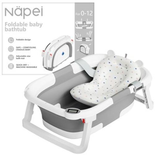 Napei Collapsible Baby Bathtub for Infants and Toddlers with Soft Cushion and Thermometer-Gray