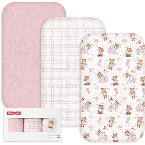 Gllquen Baby 3-Pack Muslin Cotton Bassinet Sheets, 33"x20" Fitted Crib Sheets for Bedside Sleeper & Travel Crib, Oeko-TEX Certified Soft Breathable Sheets, Easy On/Off (Bear's Dreamland)