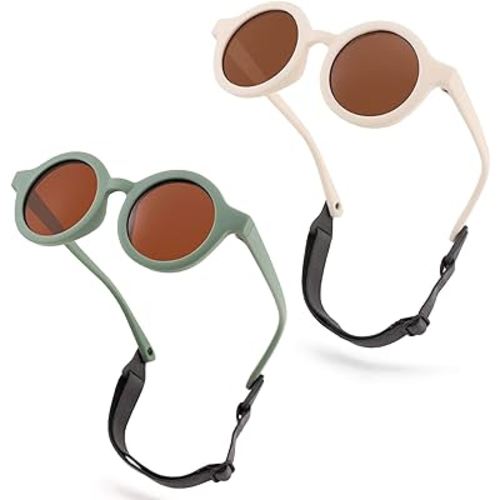 Bouryo Polarized Cute Round Sunglasses Flexible Newborn Baby Sunglasses with Strap for Infant Boys Girls Ages 0-24 Months