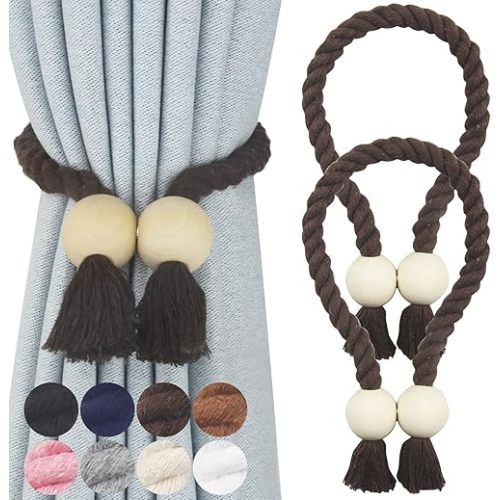 2 Pack Magnetic Curtain Tiebacks Cotton Hand Woven Tie Back Decorative Rope Holdbacks for Curtains Draperies No Tools Required, Coffee