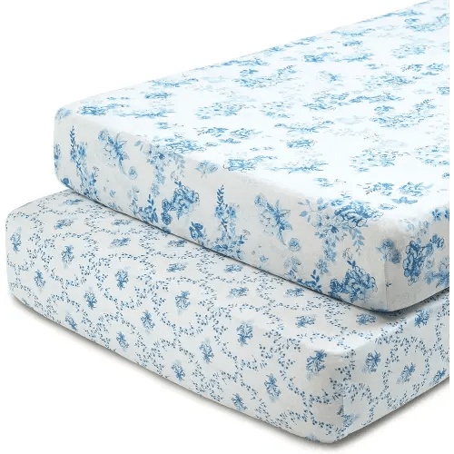 Delta Children Fitted Crib Sheets for Girls and Boys - 100% Organic Cotton Crib Sheet for Standard Crib and Toddler Mattresses - 28x52 Inch - GOTS Certified (Pack of 2), Blue Botanicals