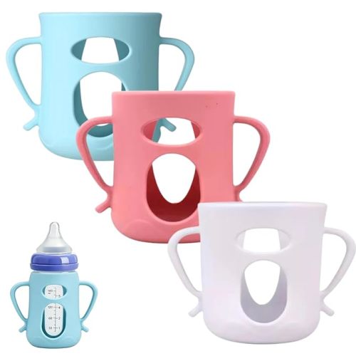3Pack Silicone Sleeves Compatible with Lansinoh Glass Bottles for 5oz, Anti Breakage Glass Bottle Holder with Handles, Silicone Bottle Holder for Easy Grip, Quick Install, Easy to Clean