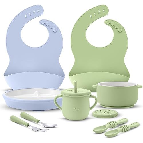 Teenyyou 9 Pcs Porcelain Kids Plates and Bowls Feeding Set with Suction, Ceramic Baby Toddler Divided Plates Silicone Sleeve Bowls Forks Spoons Cup Bib Microwave Dishwasher Safe(Sweets)