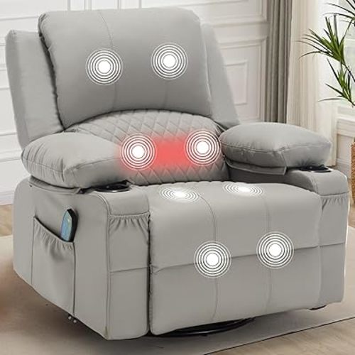Swivel Rocker Recliner with Heat and Massage, Wide Seat Heated Massaging Reclining Chair, Faux Leather Rocking Recliner Glider Chair with Cup Holder, Grey