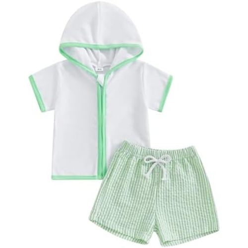 Kids Baby Boy Girl Swim Cover Up Toddler Seersucker Swim Trunks and Short Sleeve Coverup Beach Bathing Suit Swimwear