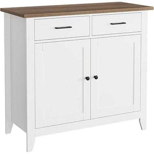 HORSTORS Kitchen Storage Cabinet with Drawers and Doors, Floor Sideboard and Buffet Server, Entryway Console for Living Room, Dining Room, Bathroom, Ivory White