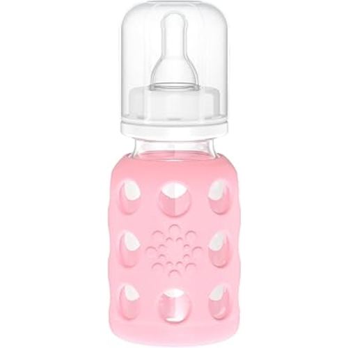 Lifefactory 4-Ounce Glass Baby Bottle with Protective Silicone Sleeve and Stage 1 Nipple Pink (LF110003C4)