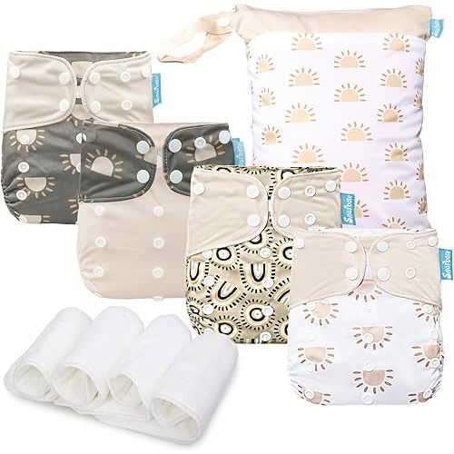 Baby Cloth Diapers Set-4 Pack Diapers with 4 Inserts & 1 Wet Dry Separation Bag, Reusable Infant Toddler Nappy, Adjustable Pocket Diapers for Baby Boys and Girls(6-33 pounds,0-3 Years)