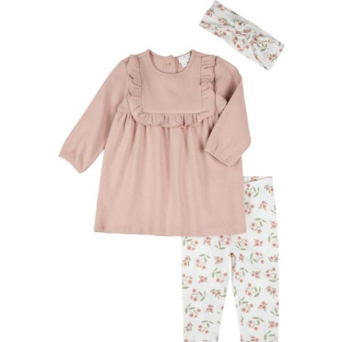 Head Wrap, Ruffle Trim Long Sleeve Rib Dress & Leggings Set, 12M