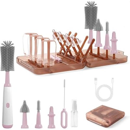 Electric Baby Bottle Brush Kit - 9 in 1 Cleaner With Nipple Straw Crevice Brushes, Drying Rack, Extender, Soap Dispenser, Storage Box - Rechargeable Set for Travel & Home (Pink)