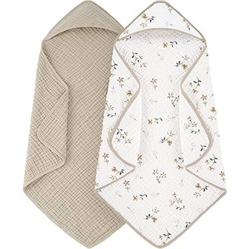 Looxii Baby Bath Towels 2 Pack Muslin Hooded Baby Towels for Newborn and Infants, 100% Cotton, Large 32x32Inch, Soft and Absorbent