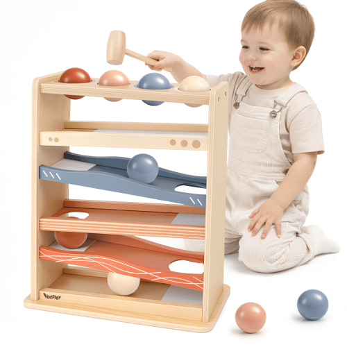Vanplay, Hammer Ball Drop Toy, 4 Balls, Wooden Montessori Activity Set