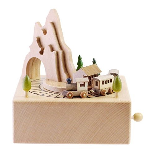 Wooden Musical Box Featuring Mountain Tunnel with Small Moving Magnetic Train | Plays "Canon In D"