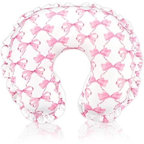 Nursing Pillow Cover, Removable Case for Breastfeeding Pillows, Ultra Soft and Breathable Feeding Pillow Slipcover with Modern Design Lace for Infant Girls Boys Pink Bow