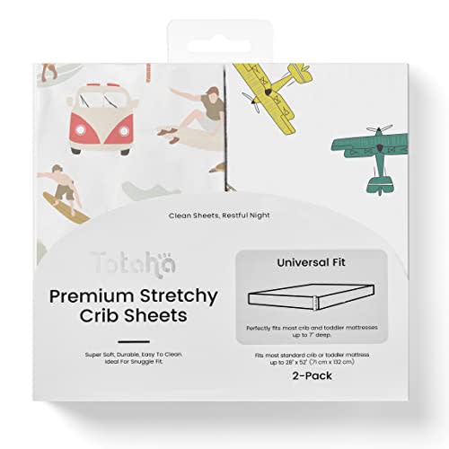 TotAha Premium Stretchy Crib Sheets (2-Pack)-Hypoallergenic, Silky Comfort, Buttery Soft, Calming Effect, All-Season Jersey-Knit Sheets, 28 X 52 X 9'' Extra Deep Pocket (City & Airplane)